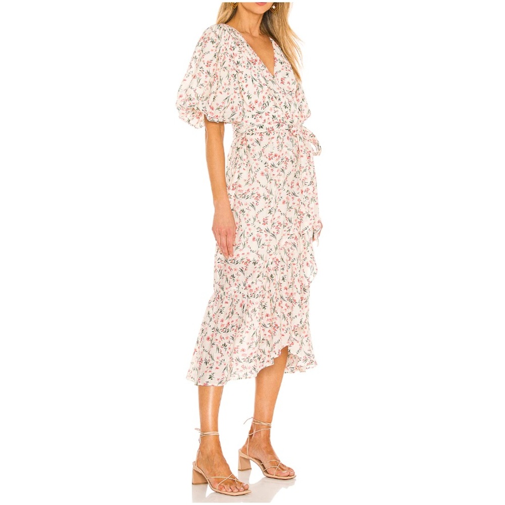 MINKPINK Cream Floral Wrap Midi Dress with Pink & Green Accents - Picture 3 of 12